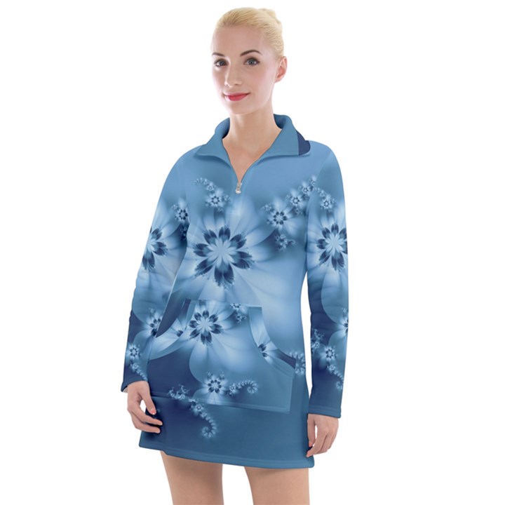 Steel Blue Flowers Women s Long Sleeve Casual Dress