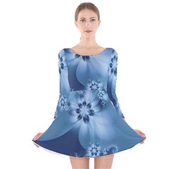 Steel Blue Flowers Long Sleeve Velvet Skater Dress by SpinnyChairDesigns