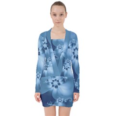 Steel Blue Flowers V-neck Bodycon Long Sleeve Dress by SpinnyChairDesigns