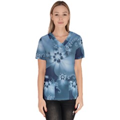 Steel Blue Flowers Women s V-neck Scrub Top by SpinnyChairDesigns