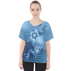 Steel Blue Flowers V-neck Dolman Drape Top by SpinnyChairDesigns