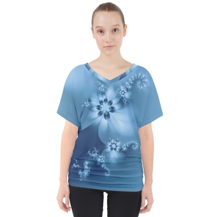 Steel Blue Flowers V-Neck Dolman Drape Top