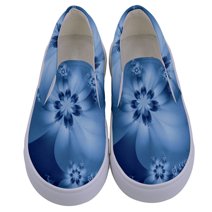 Steel Blue Flowers Kids  Canvas Slip Ons