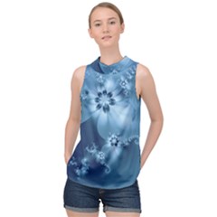 Steel Blue Flowers High Neck Satin Top by SpinnyChairDesigns