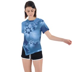 Steel Blue Flowers Asymmetrical Short Sleeve Sports Tee