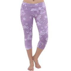 Lavender And White Flowers Capri Yoga Leggings by SpinnyChairDesigns