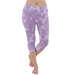 Lavender And White Flowers Lightweight Velour Capri Yoga Leggings by SpinnyChairDesigns