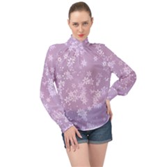 Lavender And White Flowers High Neck Long Sleeve Chiffon Top by SpinnyChairDesigns