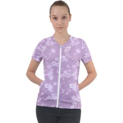 Lavender And White Flowers Short Sleeve Zip Up Jacket by SpinnyChairDesigns