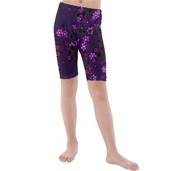 Purple Flowers Kids  Mid Length Swim Shorts