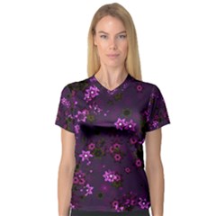 Purple Flowers V-Neck Sport Mesh Tee