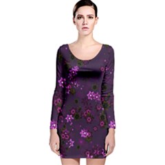 Purple Flowers Long Sleeve Velvet Bodycon Dress