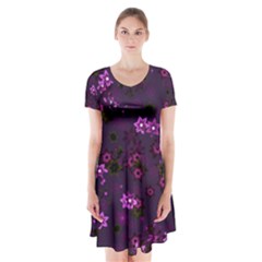 Purple Flowers Short Sleeve V-neck Flare Dress