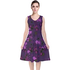 Purple Flowers V-neck Midi Sleeveless Dress  by SpinnyChairDesigns