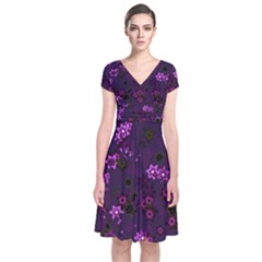 Purple Flowers Short Sleeve Front Wrap Dress