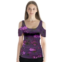 Purple Flowers Butterfly Sleeve Cutout Tee 