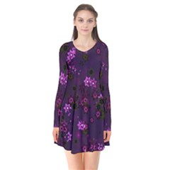 Purple Flowers Long Sleeve V-neck Flare Dress