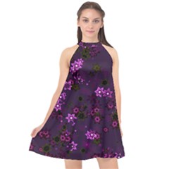 Purple Flowers Halter Neckline Chiffon Dress 