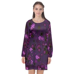 Purple Flowers Long Sleeve Chiffon Shift Dress 