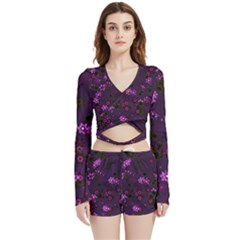 Purple Flowers Velvet Wrap Crop Top