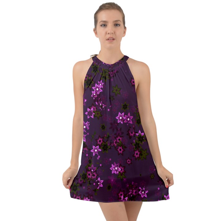 Purple Flowers Halter Tie Back Chiffon Dress