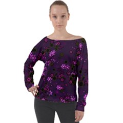 Purple Flowers Off Shoulder Long Sleeve Velour Top