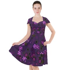 Purple Flowers Cap Sleeve Midi Dress