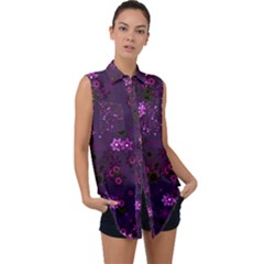 Purple Flowers Sleeveless Chiffon Button Shirt