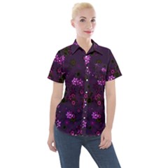 Purple Flowers Women s Short Sleeve Pocket Shirt