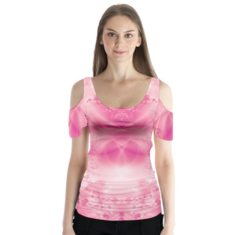 Pink Floral Pattern Butterfly Sleeve Cutout Tee  by SpinnyChairDesigns