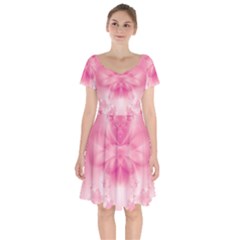 Pink Floral Pattern Short Sleeve Bardot Dress