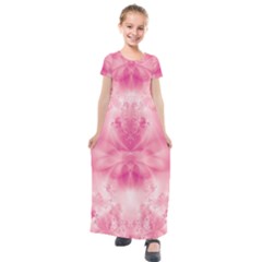 Pink Floral Pattern Kids  Short Sleeve Maxi Dress