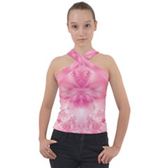 Pink Floral Pattern Cross Neck Velour Top by SpinnyChairDesigns