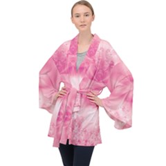 Pink Floral Pattern Long Sleeve Velvet Kimono  by SpinnyChairDesigns