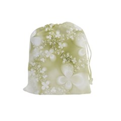 Olive Green With White Flowers Drawstring Pouch (large) by SpinnyChairDesigns