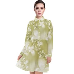 Olive Green With White Flowers Long Sleeve Chiffon Shirt Dress by SpinnyChairDesigns