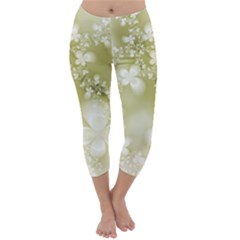 Olive Green With White Flowers Capri Winter Leggings  by SpinnyChairDesigns