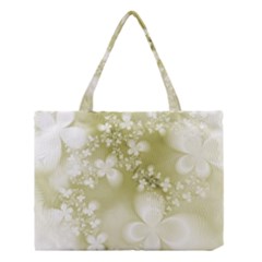 Olive Green With White Flowers Medium Tote Bag by SpinnyChairDesigns