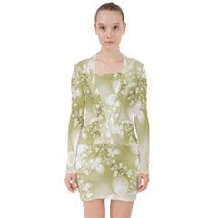 Olive Green With White Flowers V-neck Bodycon Long Sleeve Dress by SpinnyChairDesigns