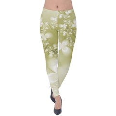 Olive Green With White Flowers Velvet Leggings by SpinnyChairDesigns