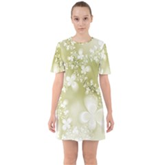 Olive Green With White Flowers Sixties Short Sleeve Mini Dress by SpinnyChairDesigns