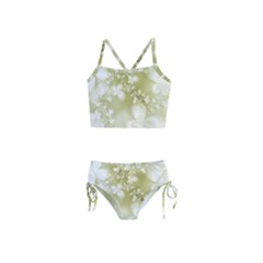 Olive Green With White Flowers Girls  Tankini Swimsuit by SpinnyChairDesigns