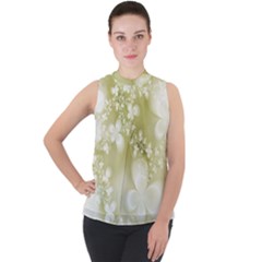 Olive Green With White Flowers Mock Neck Chiffon Sleeveless Top by SpinnyChairDesigns