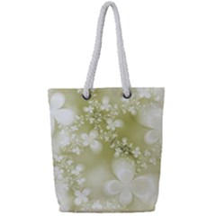 Olive Green With White Flowers Full Print Rope Handle Tote (small) by SpinnyChairDesigns