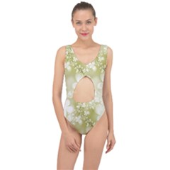 Olive Green With White Flowers Center Cut Out Swimsuit by SpinnyChairDesigns