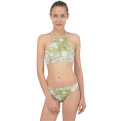 Olive Green With White Flowers Racer Front Bikini Set by SpinnyChairDesigns