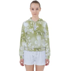 Olive Green With White Flowers Women s Tie Up Sweat by SpinnyChairDesigns