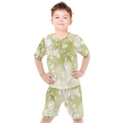 Olive Green With White Flowers Kids  Tee And Shorts Set by SpinnyChairDesigns