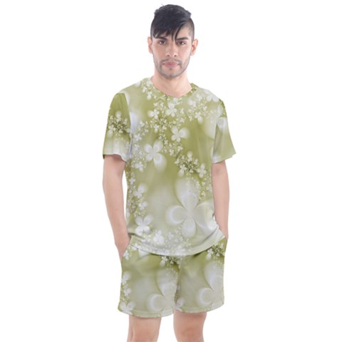 Olive Green With White Flowers Men s Mesh Tee And Shorts Set by SpinnyChairDesigns