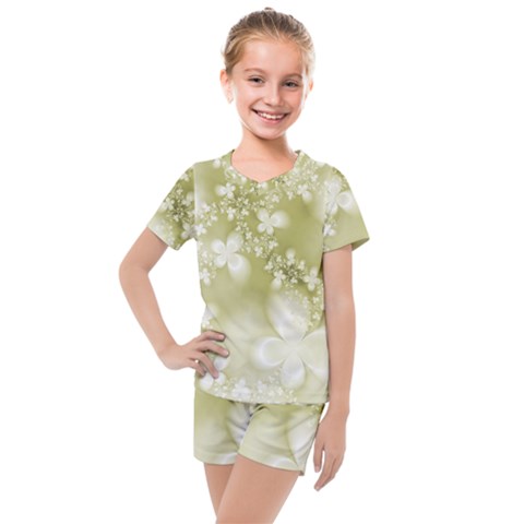 Olive Green With White Flowers Kids  Mesh Tee And Shorts Set by SpinnyChairDesigns